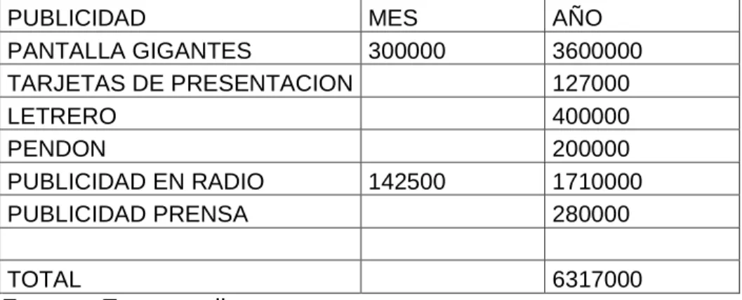 Cuadro 11. Costos de publicidad 