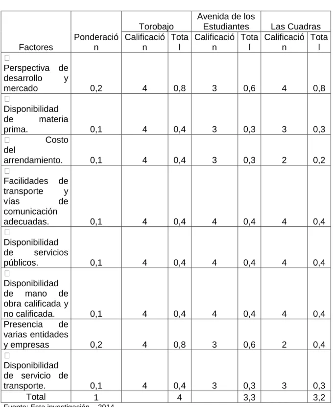 Cuadro 13. Matriz selección micro localización 
