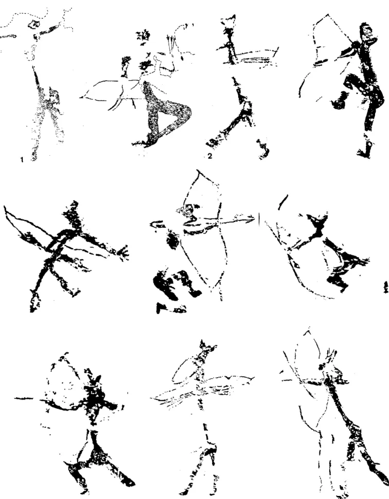 Figura 3.- Representaciones de arqueros. 1 y 2, Barranco del Cabezo del Moro (Hernández y Simón); 2, Cueva de la Vieja (Grimal y Alonso).