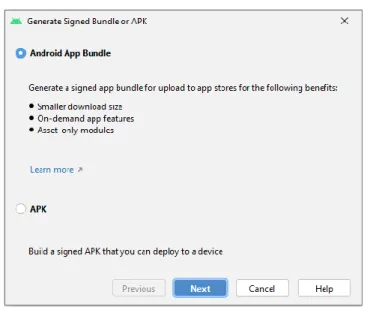 Figura 7.2 Pantalla de Generate Signed Bundle/APK 