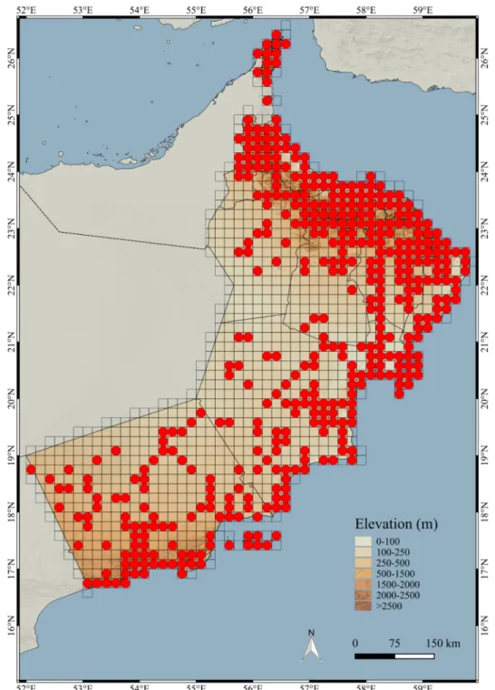 Fig 4. Map of Oman indicating the sampling effort. Grids of 10 arc-minutes (~18km) with observations (red dot).