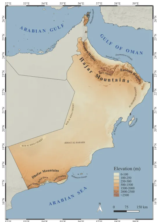 Fig 2. Physical map of Oman. Map of Oman showing topographical relief and names of the most relevant toponyms mentioned in this study.