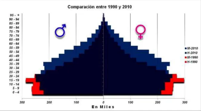 Figura 2.6. Gráfico de pirámides de población por grupos de edad y sexo de las delegaciones del  DF con Suelo de Conservación, 1990 y 2010 