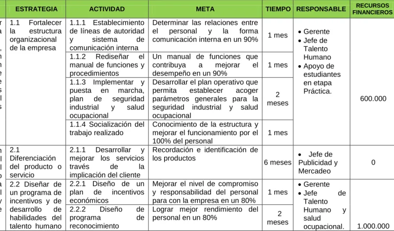 Tabla 2: Plan de acción área administrativa presentado en el año 2010 