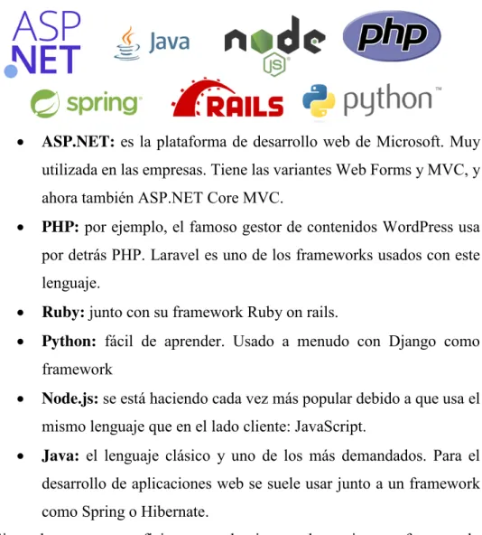 Ilustración 2 Lenguajes y frameworks usados en back-end. 