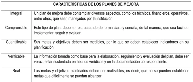 Tabla 8. Características de los Planes de Mejora. 
