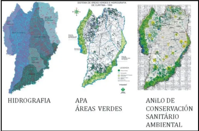Figura  7  -  Mapa  de  la  zona  de  captación  de  Curitiba,  en  las  áreas  de  preservación  del  medio  ambiente y del anillo de  conservación de la salud del medio ambiente para la preservación de las  cabeceras de los ríos
