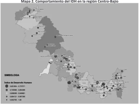 Mapa 2. Comportamiento del IDH en la región Centro-Bajío 