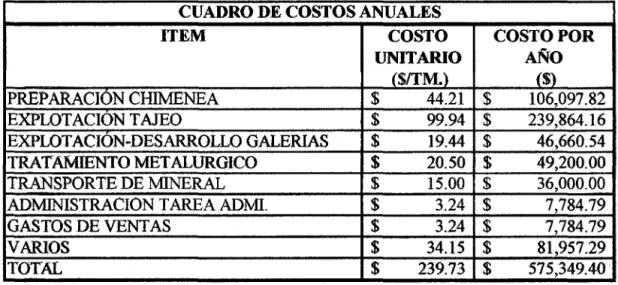 CUADRO DE COSTOS ANUALES 