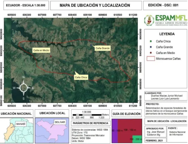 Figura 3.1. Área total microcuenca Cañas, Bolívar, Manabí. 