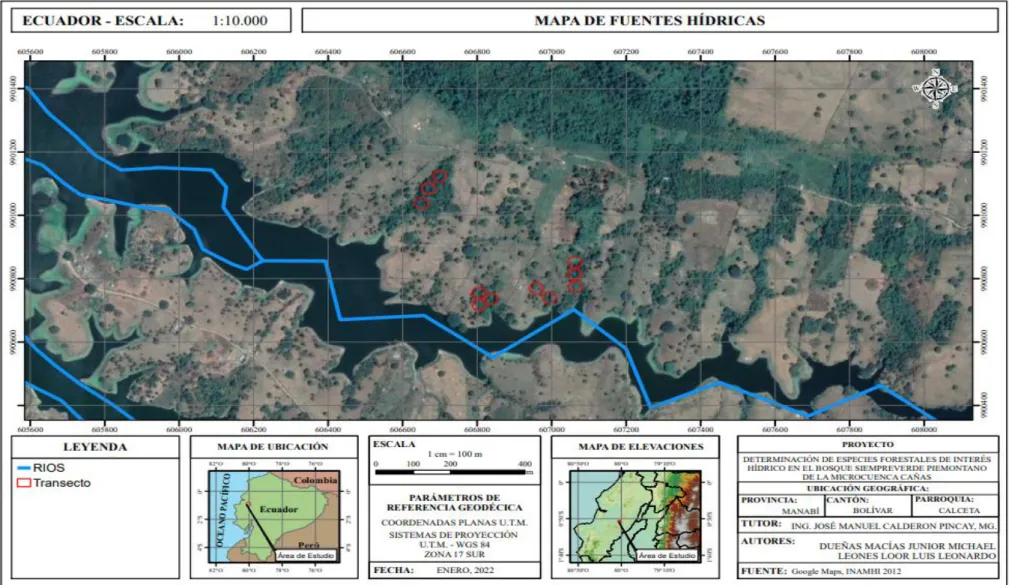 Figura 4.4. Mapa de fuentes hídricas en la microcuenca Cañas