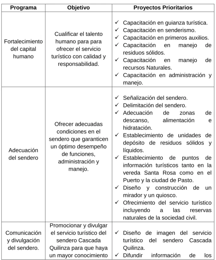 Tabla 1: Programas y proyectos planteados 
