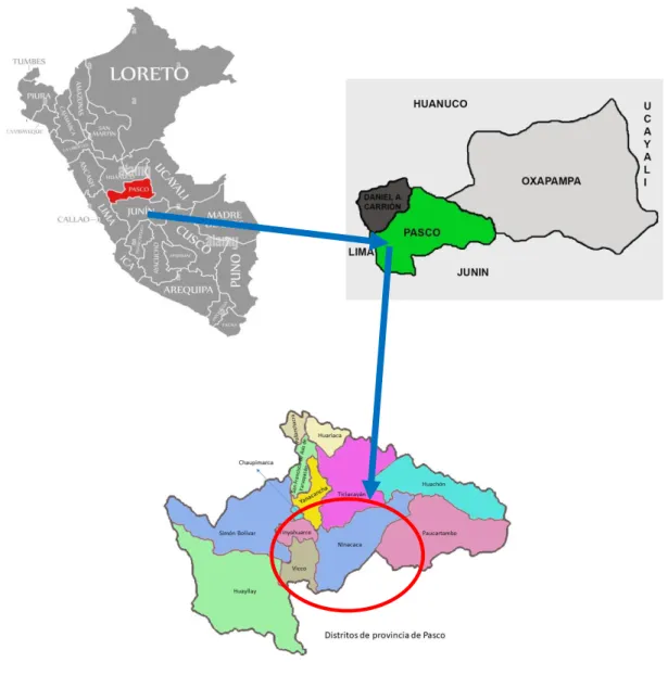 Mapa N° 1: Ubicación de los distritos de Ninacaca, Vicco y Tinyahuarco 