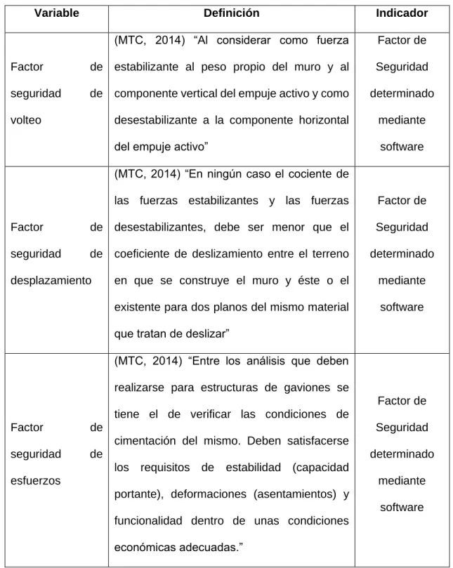 Tabla 1: Definición Operacional de Variables e indicadores 