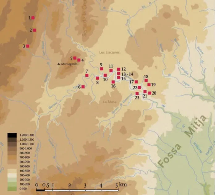 Mapa de distribución de los yacimientos  en Valltorta. Según Viñas 