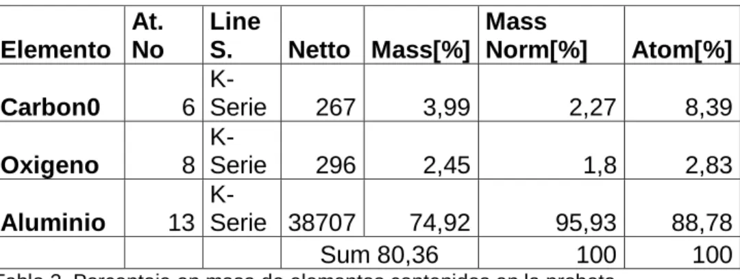 Tabla 2. Porcentaje en masa de elementos contenidos en la probeta. 