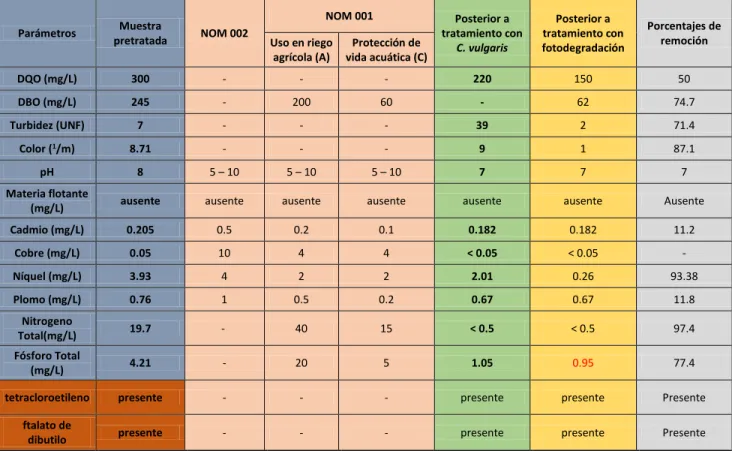 Tabla 4. Caracterización del agua en diferentes etapas. 