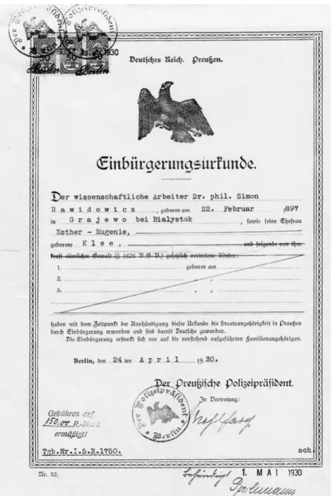 Fig. 4: In April 1930 Rawidowicz and his wife Esther Eugenie (née Klee, 1900–1980)  acquired German citizenship
