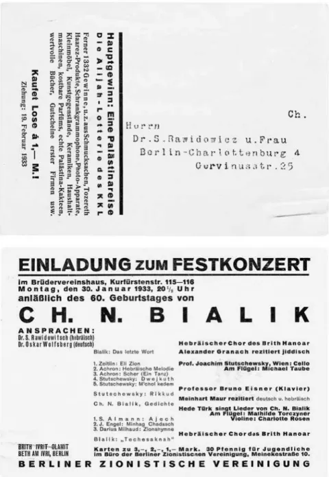 Fig. 5: When planning this concert in honor of the 60th birthday of Chaim Nahman  Bialik, it was impossible to foresee that the date, 30 January 1930, would mark a  histo-rical turning point for Jewish life in Europe – the day on which Adolf Hitler assumed