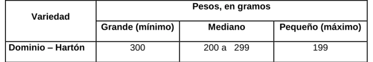 Tabla 28.Clasificación de los plátanos. 