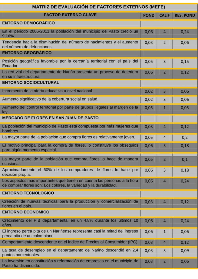 Tabla 9. Matriz de Evaluación de factores externos (MEFE) 