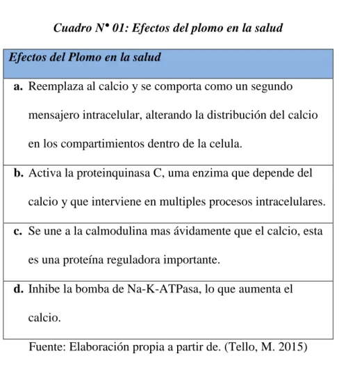 Cuadro N° 01: Efectos del plomo en la salud  Efectos del Plomo en la salud 