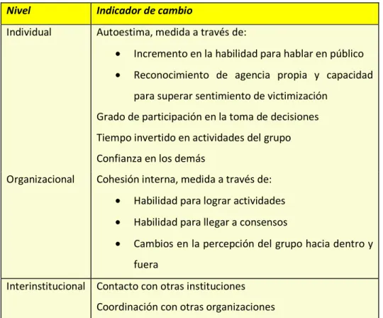 Tabla 7. Indicadores descriptivos de cambios en capacidades: Moser (2005). 