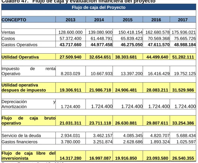 Cuadro 47.  Flujo de caja y evaluación financiera del proyecto 