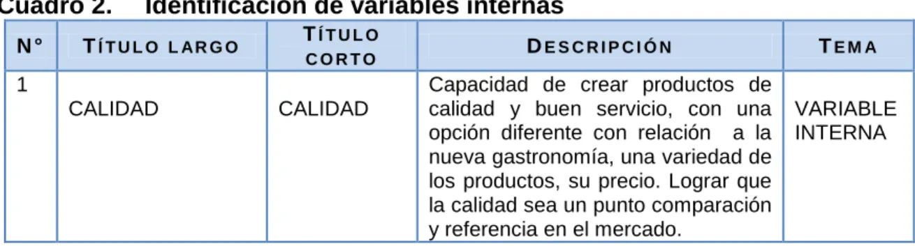 Cuadro 2.  Identificación de variables internas 