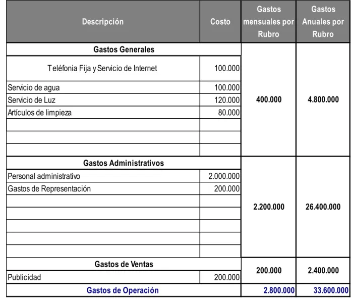 Cuadro Nº 12: Gastos de Operación 