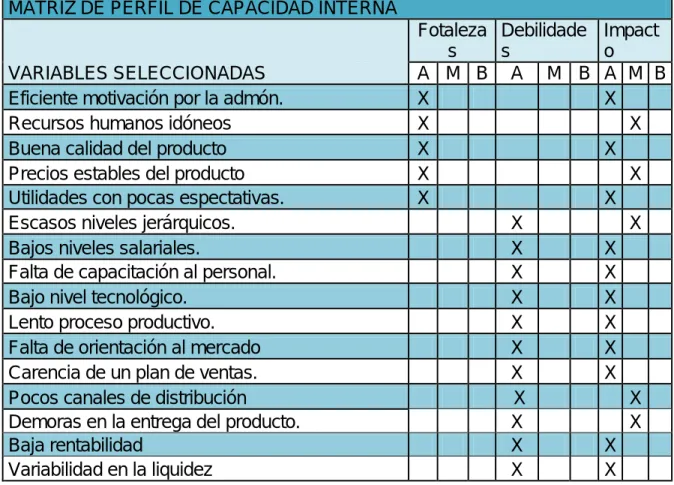 Tabla 14. Matriz de perfil de capacidad interna (PCI)  MATRIZ DE PERFIL DE CAPACIDAD INTERNA 