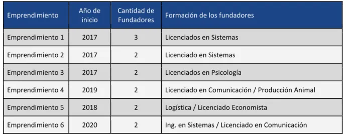 Tabla 3. Perfil de los socios por emprendimiento: 
