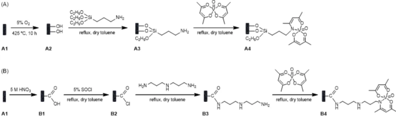 Figure 1. Proposed routes for the immobilization of [VO(acac) 2 ] onto amine-functionalized ACs by methods A and B