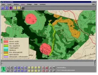 Figure 7. View from the GIS database. Lekking sites of capercaillie are shown in red and those of hazel grouse in light green (strip by the stream)