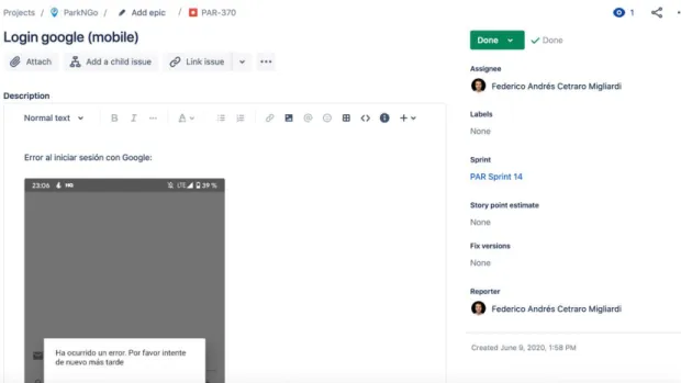 Figura 34: Ejemplo de gestión de defecto en el Jira 