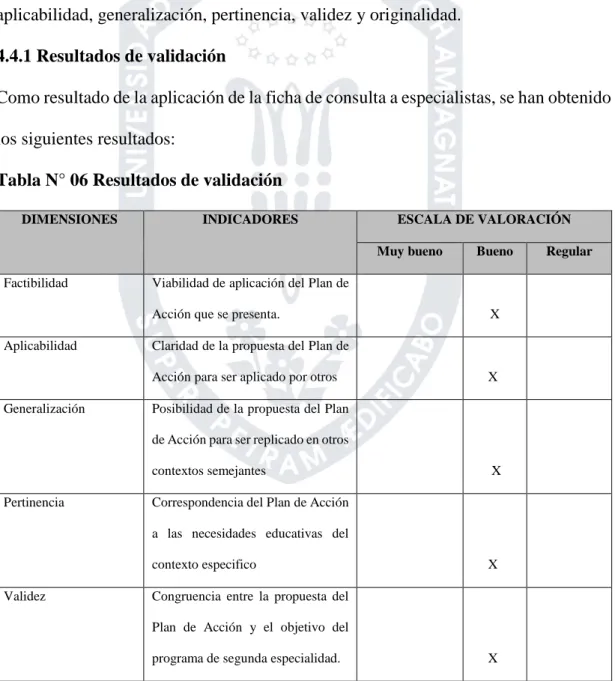 Tabla N° 06 Resultados de validación 