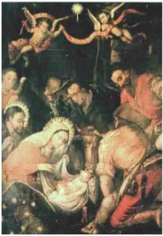 Ilustración 12 Anónimo - Nacimiento y adoración de Jesús (c140) En este sentido, los efectos de la  pintu-ra en los sentidos se pueden ver en dos dimensiones, por un lado la manera como ejercían una afectación sensitiva, y en segundo lugar, cómo algunas de