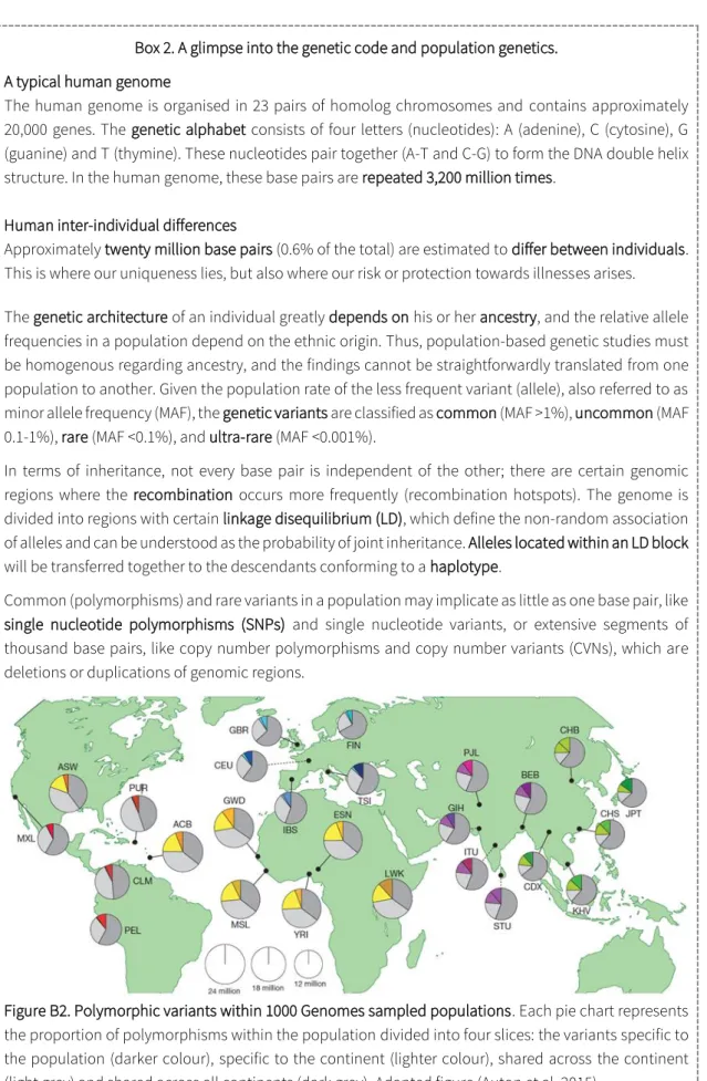 Figure B2. Polymorphic variants within 1000 Genomes sampled populations. Each pie chart represents  the proportion of polymorphisms within the population divided into four slices: the variants specific to  the population (darker colour), specific to the co