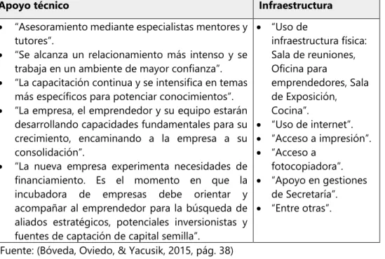 Tabla 4: Servicios de Incubación  