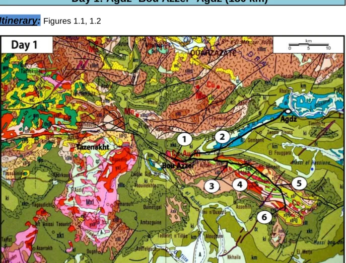 Figure 1.1: Itinerary Day 1, route and stops plotted on the geological map of Morocco, scale  1/1000000 