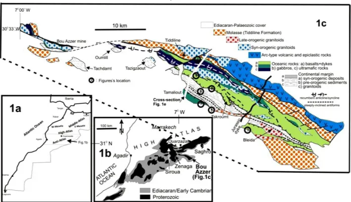 Figure 1.3: Simplified geological map of Bou Azzer showing the three main terranes (arc, ophiolite  and continental margin) which compose the outcrop (El Hadi et al., 2010)