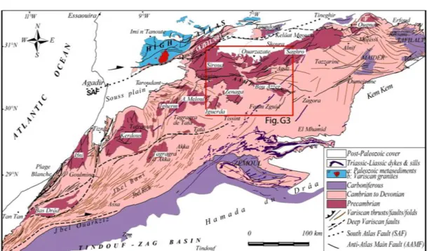 Figure G2: Geological sketch map of the Anti-Atlas belt in southern morocco showing the  studied area (Modified  after Michard, 2010) 