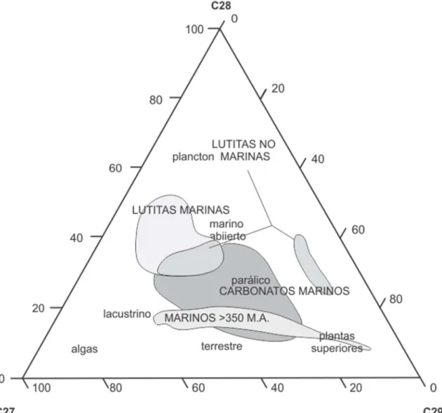 Figura 11. Diagrama triangular de esteranos regulares, modificado de Montero (2006), tomado de Roca  (2017) 