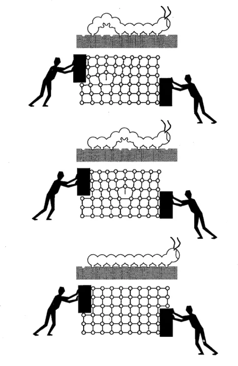 Figura 3. Movimiento de una dislocación y analogía con el movimiento de una