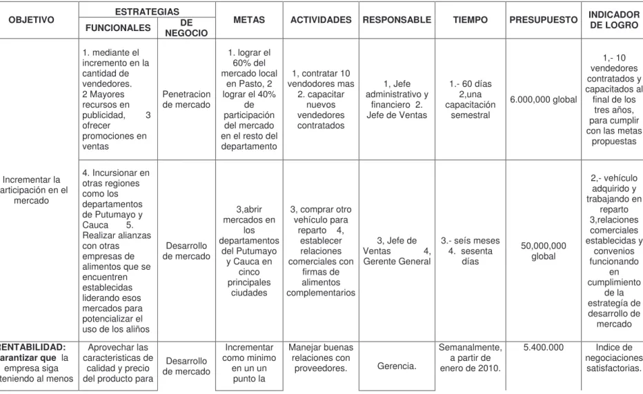 Cuadro 15. Plan  operativo 2010 - Aliños la Garza Ltda 
