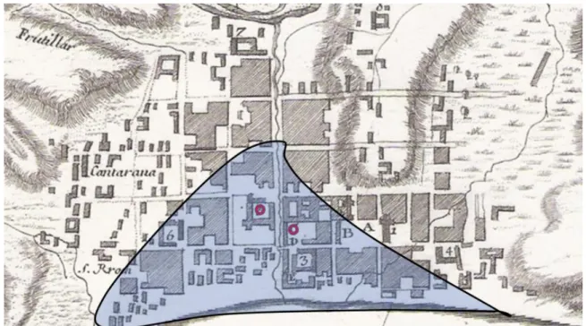 Figure 2: Calculated runups from the 1575 tsunami with the location of historical sources