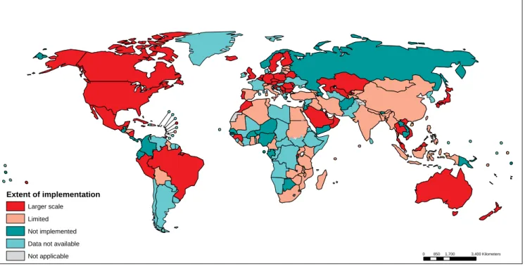Figure 12: Extent to which home visiting programmes are being implemented by country/area, 2012   (n = 133 reporting countries)