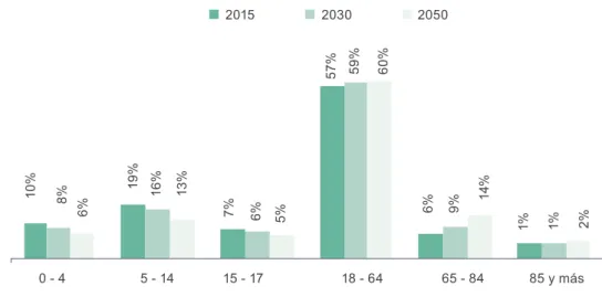 Gráfico  33,  para  el  año  2030,  la  estructura  de  población demandante de cuidados se modificará,  lo  que  profundizará  la  demanda  de  cuidados,  sobre todo para la población adulta mayor (entre  65 o más años), cuya participación será de 10%.