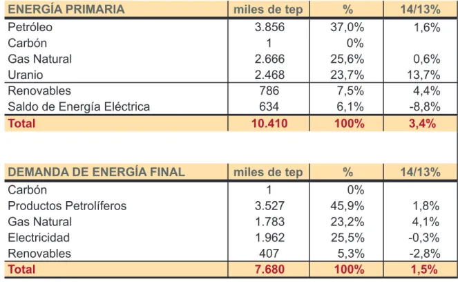 Cuadro Resumen del Balance de Energía