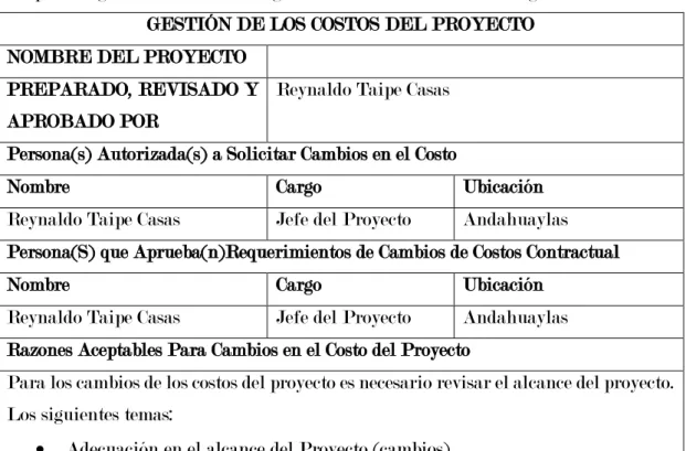 Tabla 7. Plan de Gestión de los Costos del Proyecto  Fuente: elaboración propia